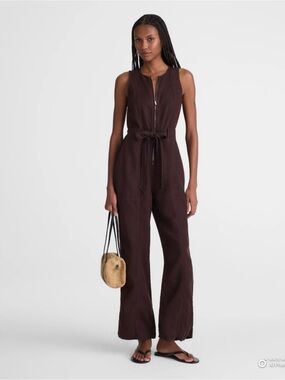 Madewell Brown Utility Coverall Straight-Leg Jumpsuit in 100% Linen Size 14 NWT
